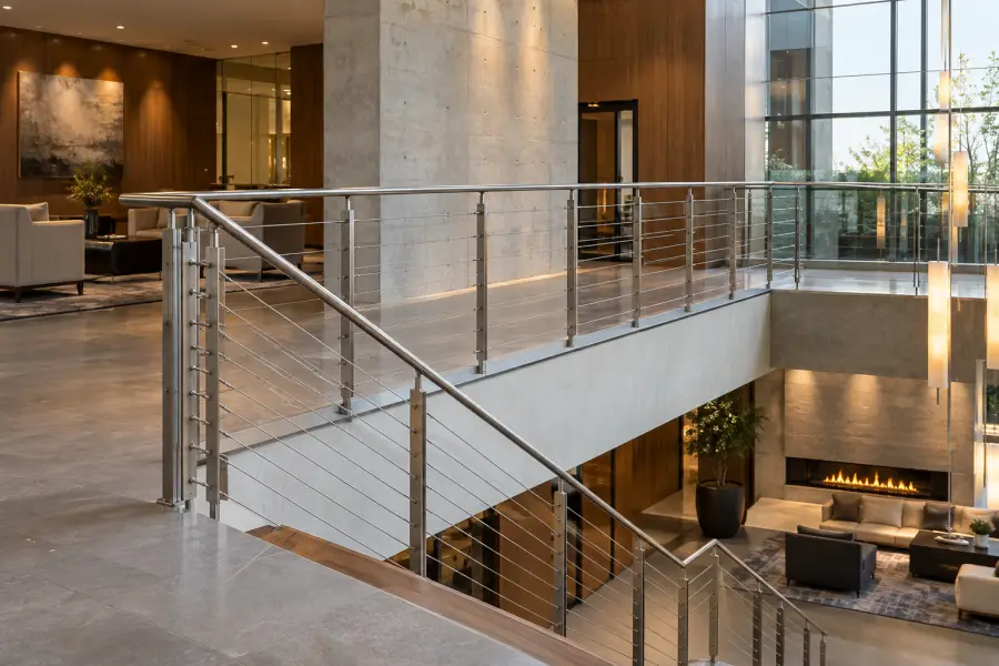 Stainless steel cable railing in a commercial outdoor setting