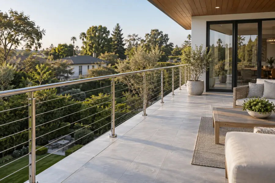 Stainless steel cable railing on a residential terrace